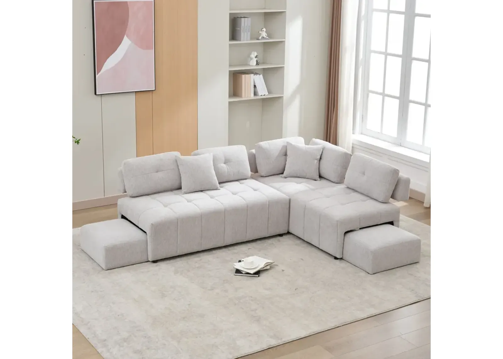 L-Shaped Sofa Sectional Sofa Couch With 2 Stools And 2 Lumbar Pillows For Living Room