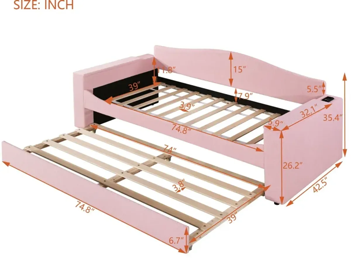 Twin Size Upholstered Daybed With Storage Armrests, Trundle And Latest Integrated Bluetooth Audio System, Teddy Fleece