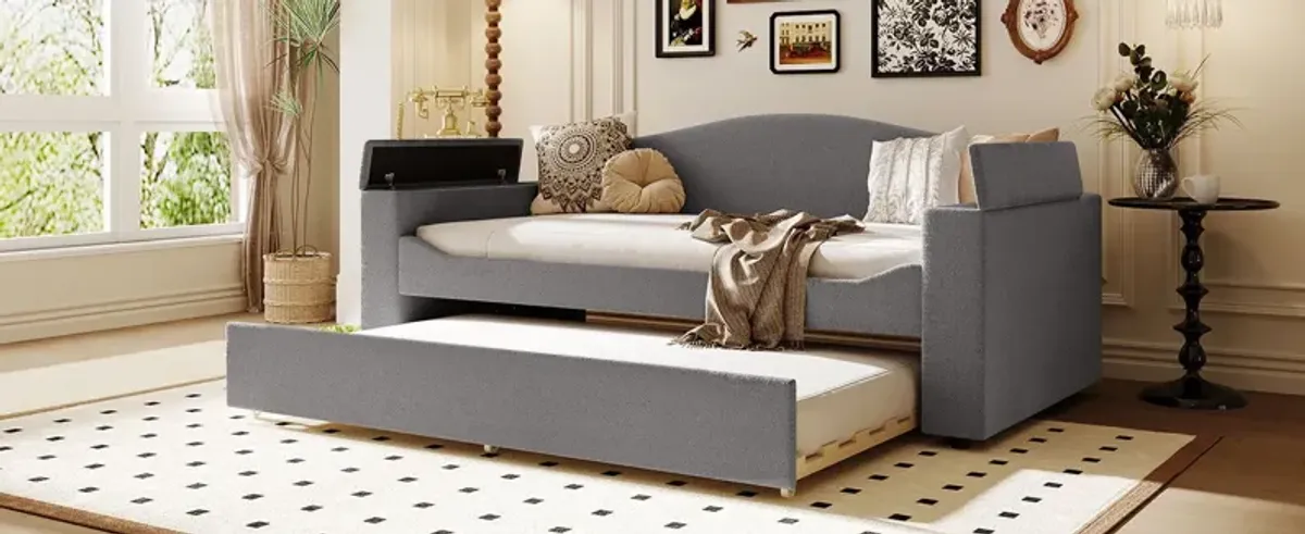 Twin Size Upholstered Daybed With Storage Armrests, Trundle And Latest Integrated Bluetooth Audio System, Teddy Fleece