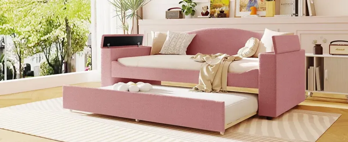 Twin Size Upholstered Daybed With Storage Armrests, Trundle And Latest Integrated Bluetooth Audio System, Teddy Fleece