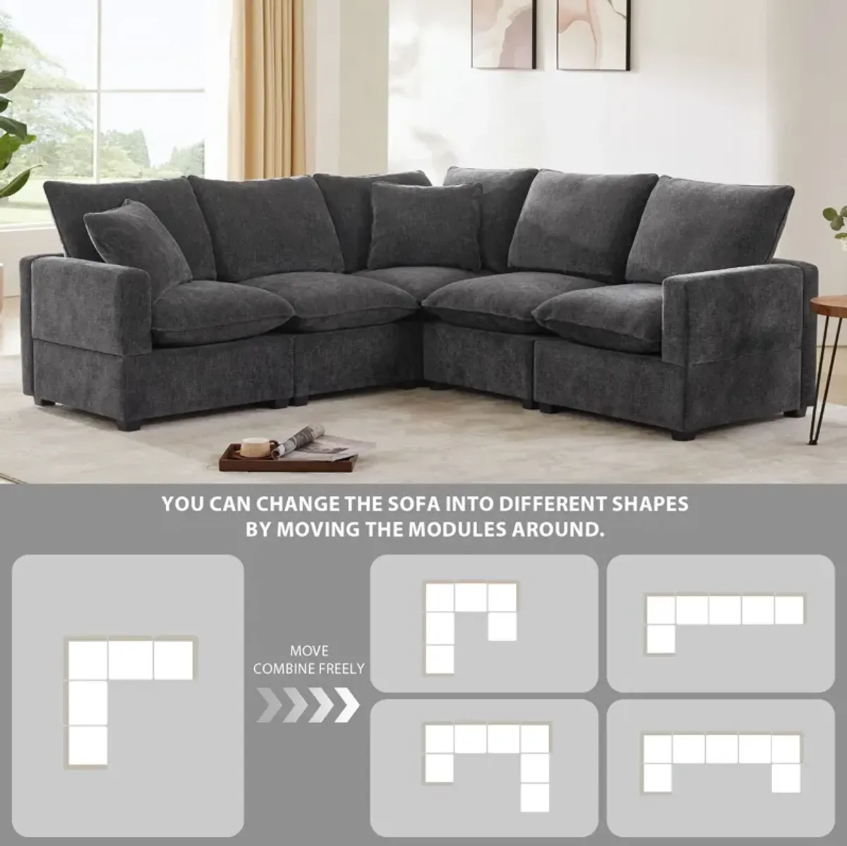 Modern L Shape Modular Sofa, 5 Seat Chenille Sectional Couch Set With 2 Pillows Included, Freely Combinable Indoor Funiture For Living Room, Apartment, Office