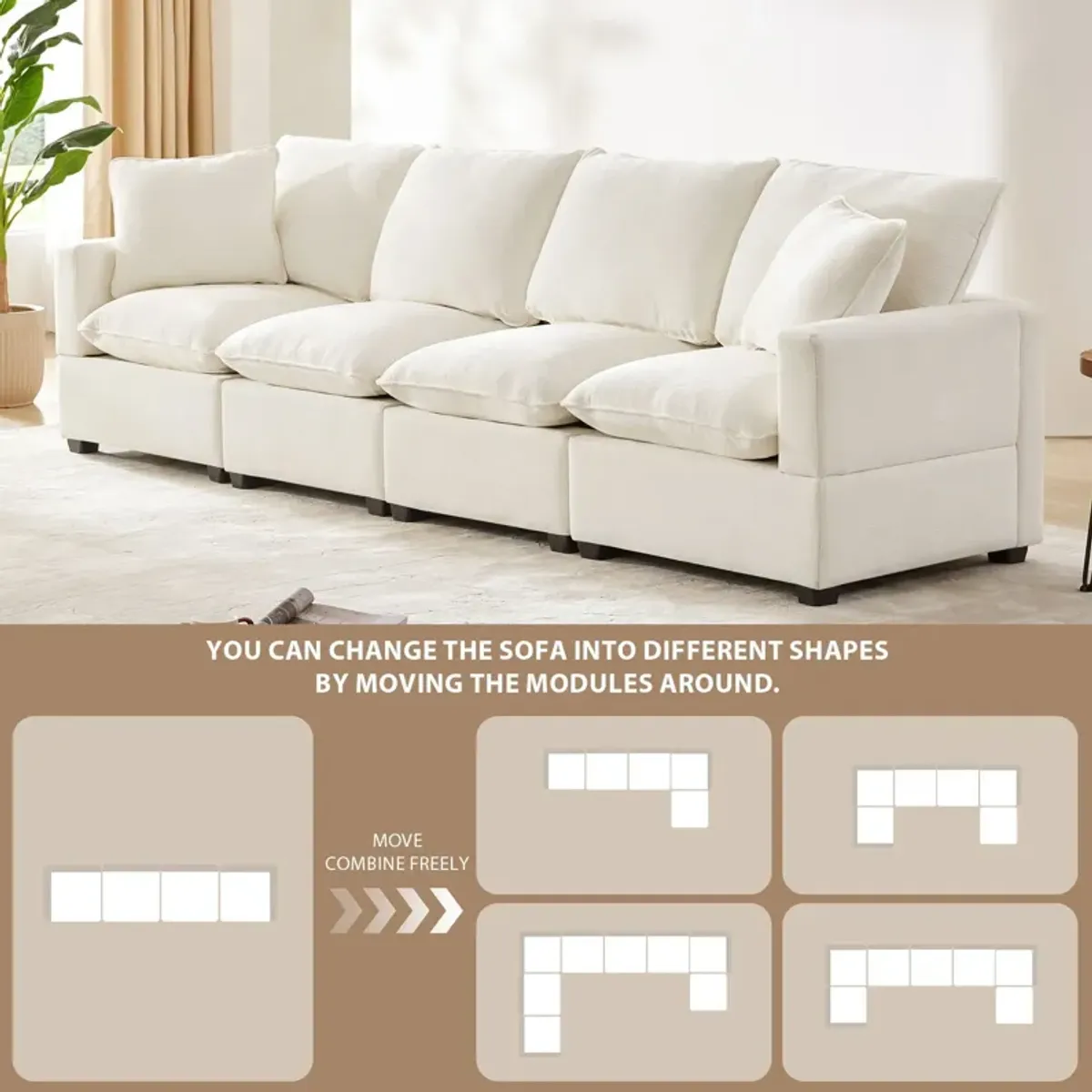 Modern Modular Sofa, 4 Seat Chenille Sectional Couch Set With 2 Pillows Included, Freely Combinable Indoor Funiture For Living Room, Apartment, Office