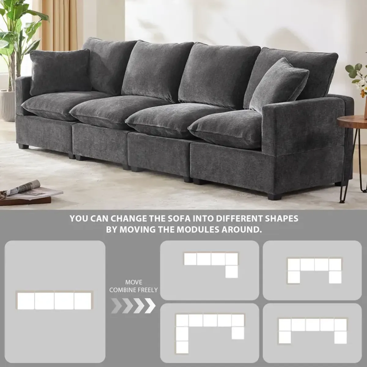 Modern Modular Sofa, 4 Seat Chenille Sectional Couch Set With 2 Pillows Included, Freely Combinable Indoor Funiture For Living Room, Apartment, Office