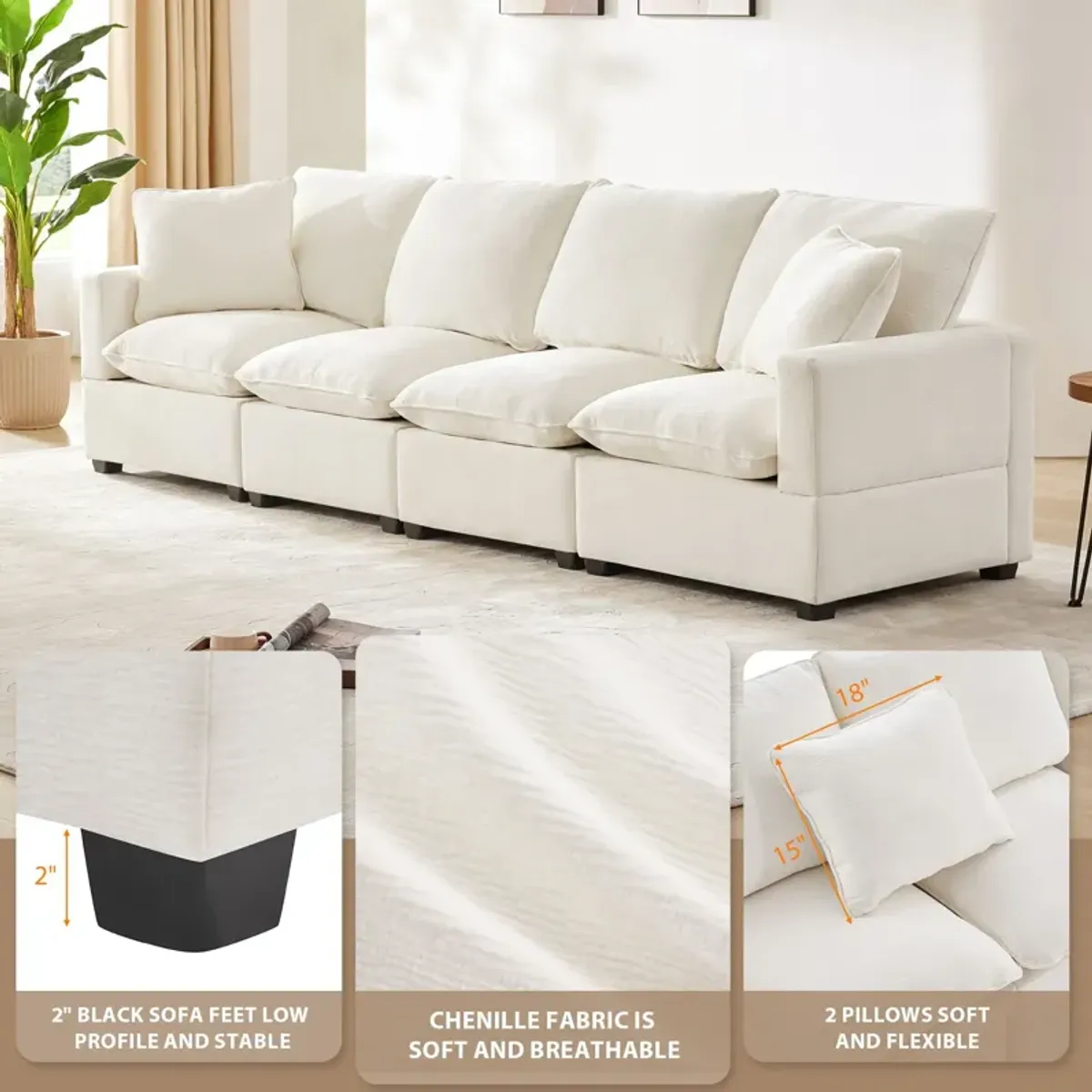 Modern Modular Sofa, 4 Seat Chenille Sectional Couch Set With 2 Pillows Included, Freely Combinable Indoor Funiture For Living Room, Apartment, Office