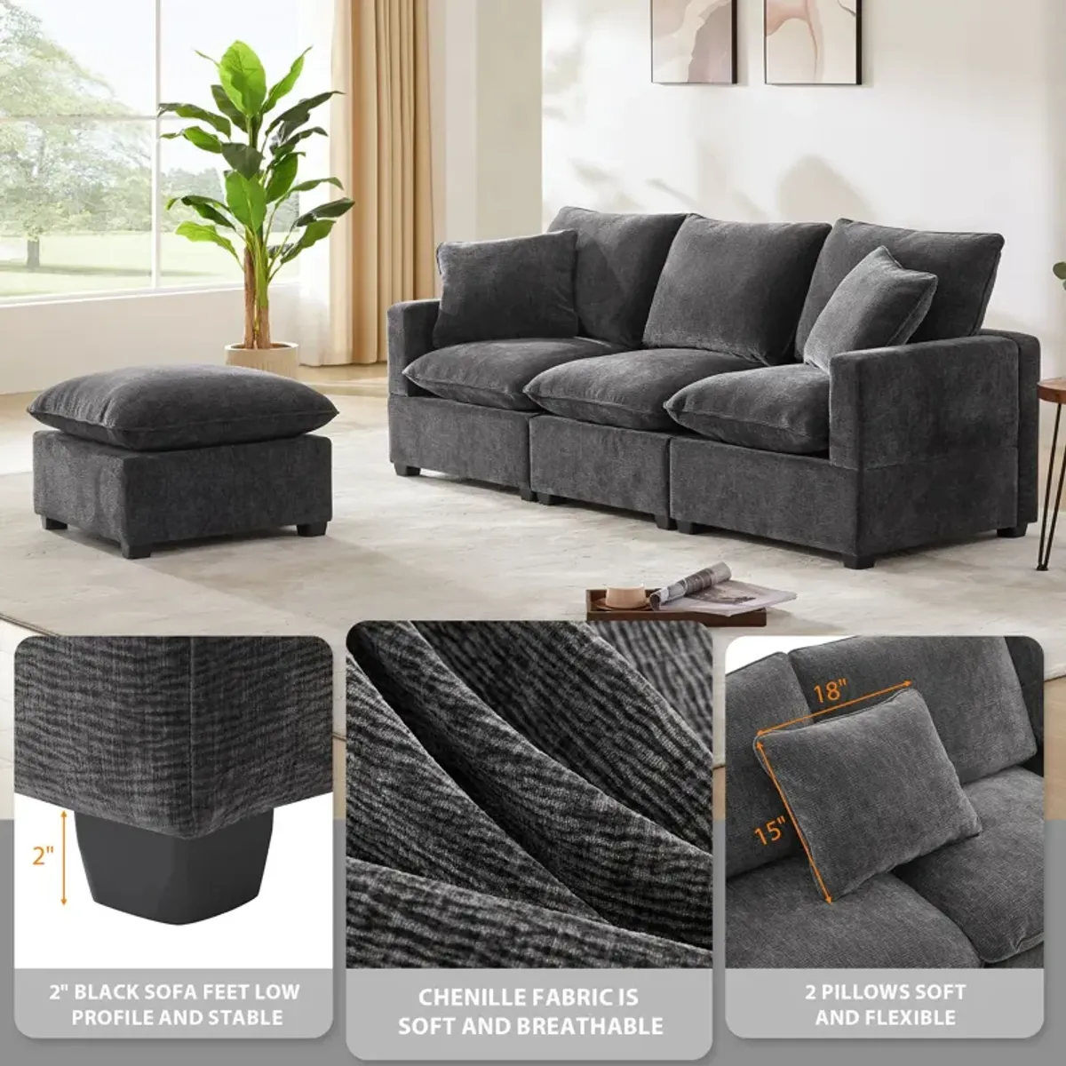 Modern Modular Sofa, 4 Seat Chenille Sectional Couch Set With 2 Pillows Included, Freely Combinable Indoor Funiture For Living Room