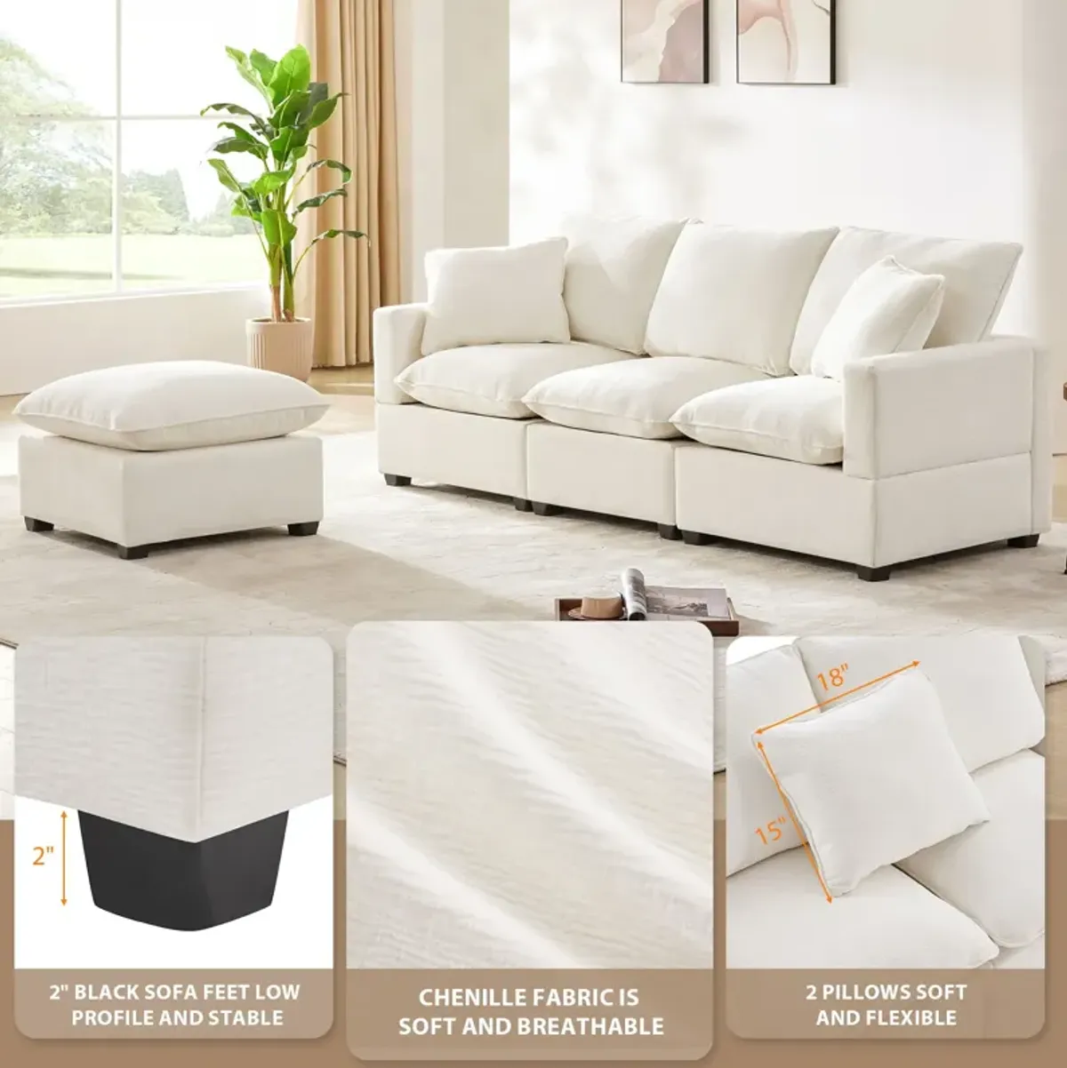 Modern Modular Sofa, 4 Seat Chenille Sectional Couch Set With 2 Pillows Included, Freely Combinable Indoor Funiture For Living Room