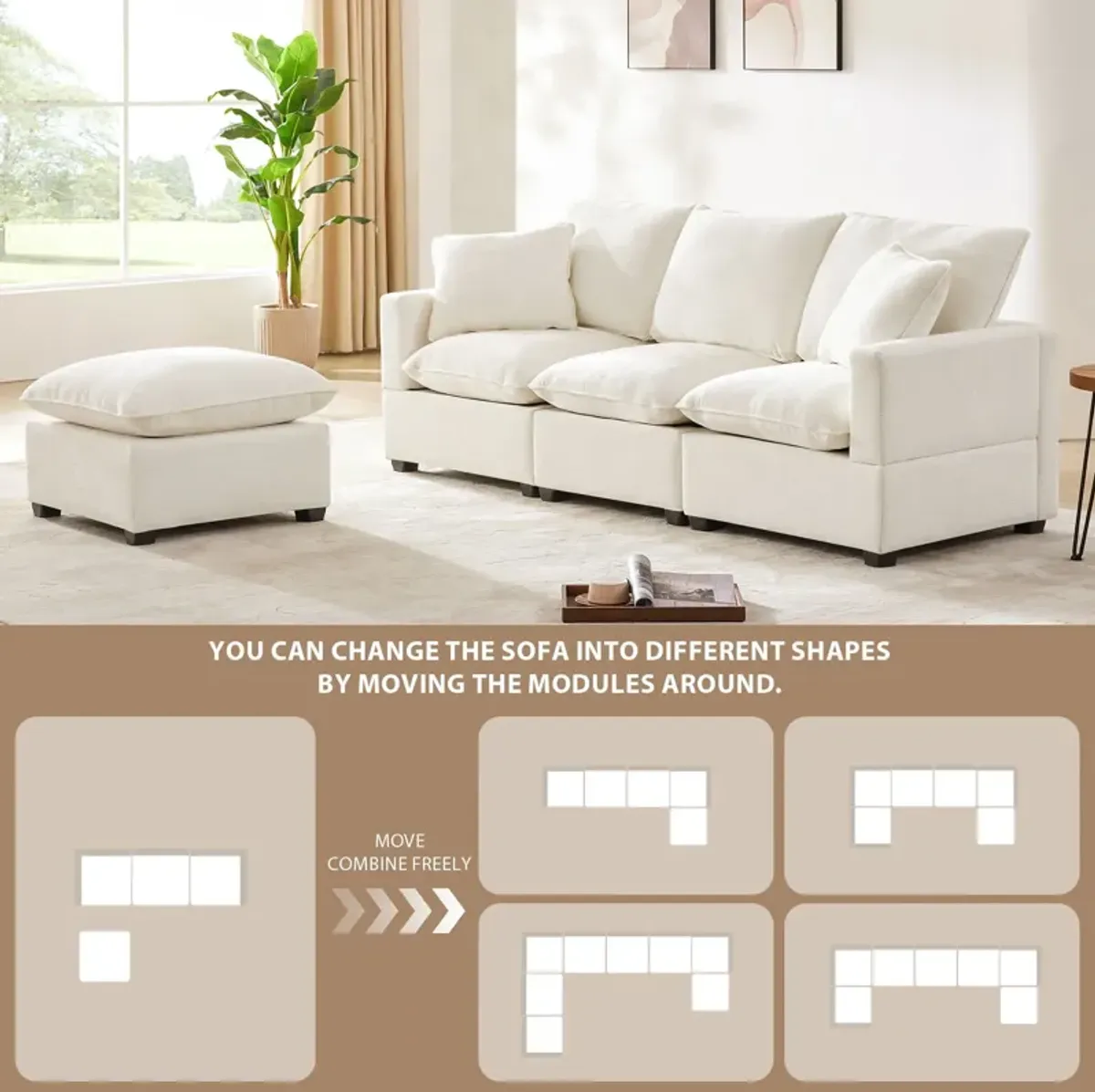 Modern Modular Sofa, 4 Seat Chenille Sectional Couch Set With 2 Pillows Included, Freely Combinable Indoor Funiture For Living Room