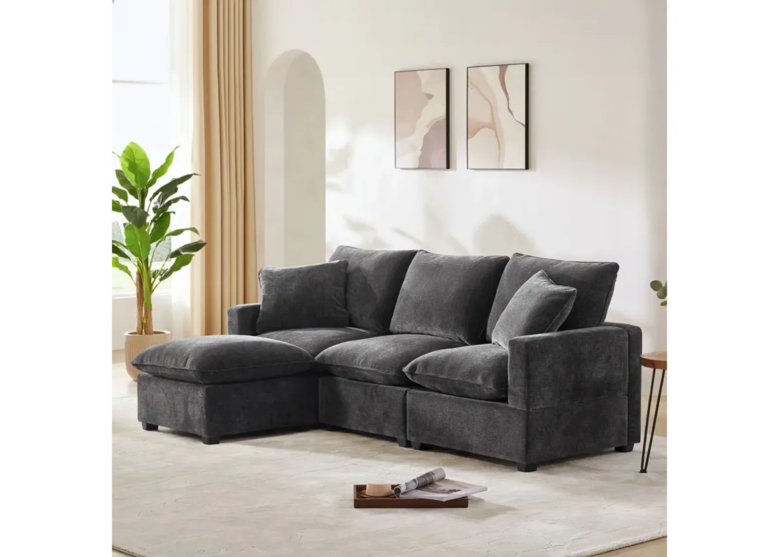 Modern Modular Sofa, 4 Seat Chenille Sectional Couch Set With 2 Pillows Included, Freely Combinable Indoor Funiture For Living Room