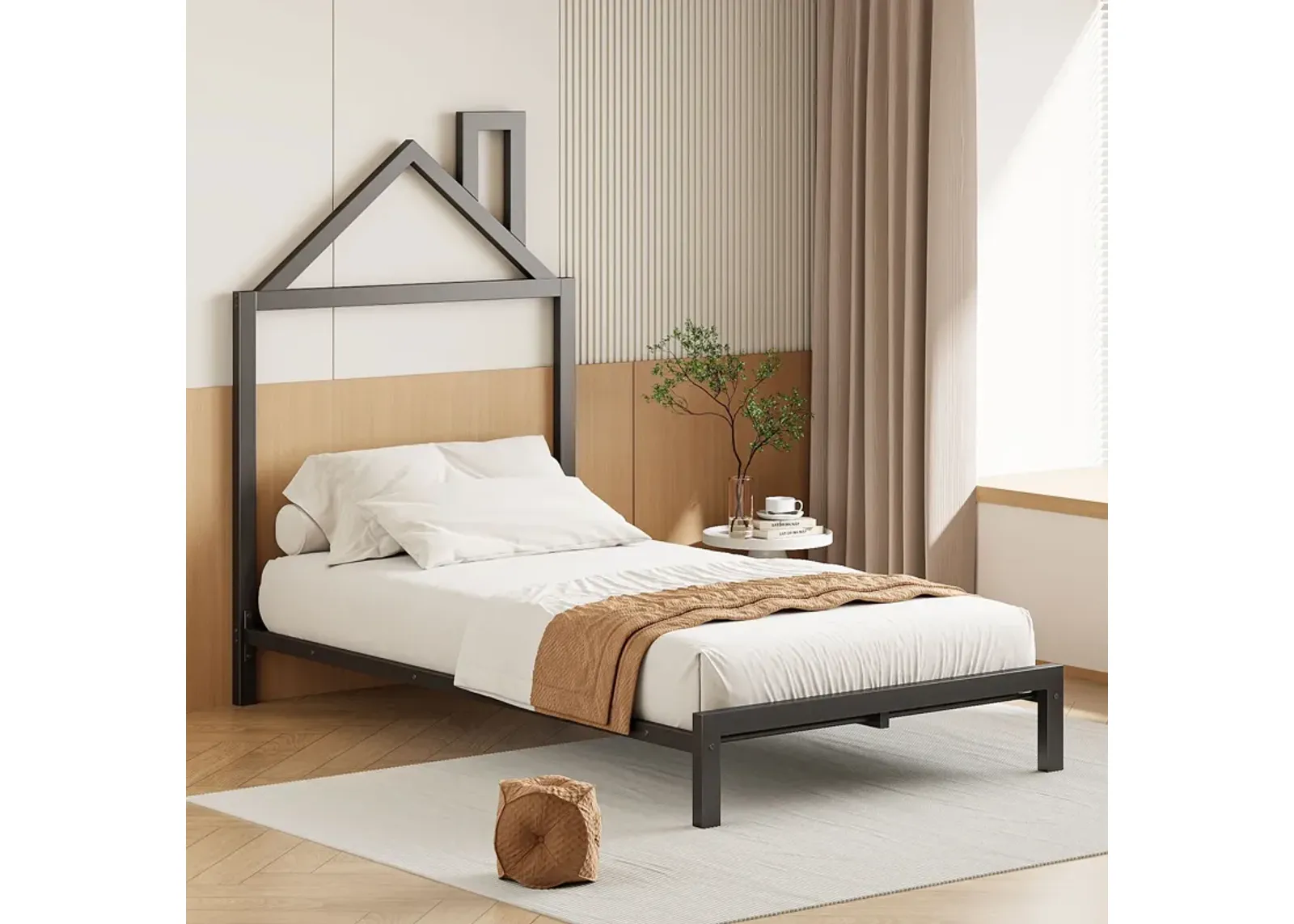 Twin Size Metal Platform Bed With House-Shaped Headboard Design