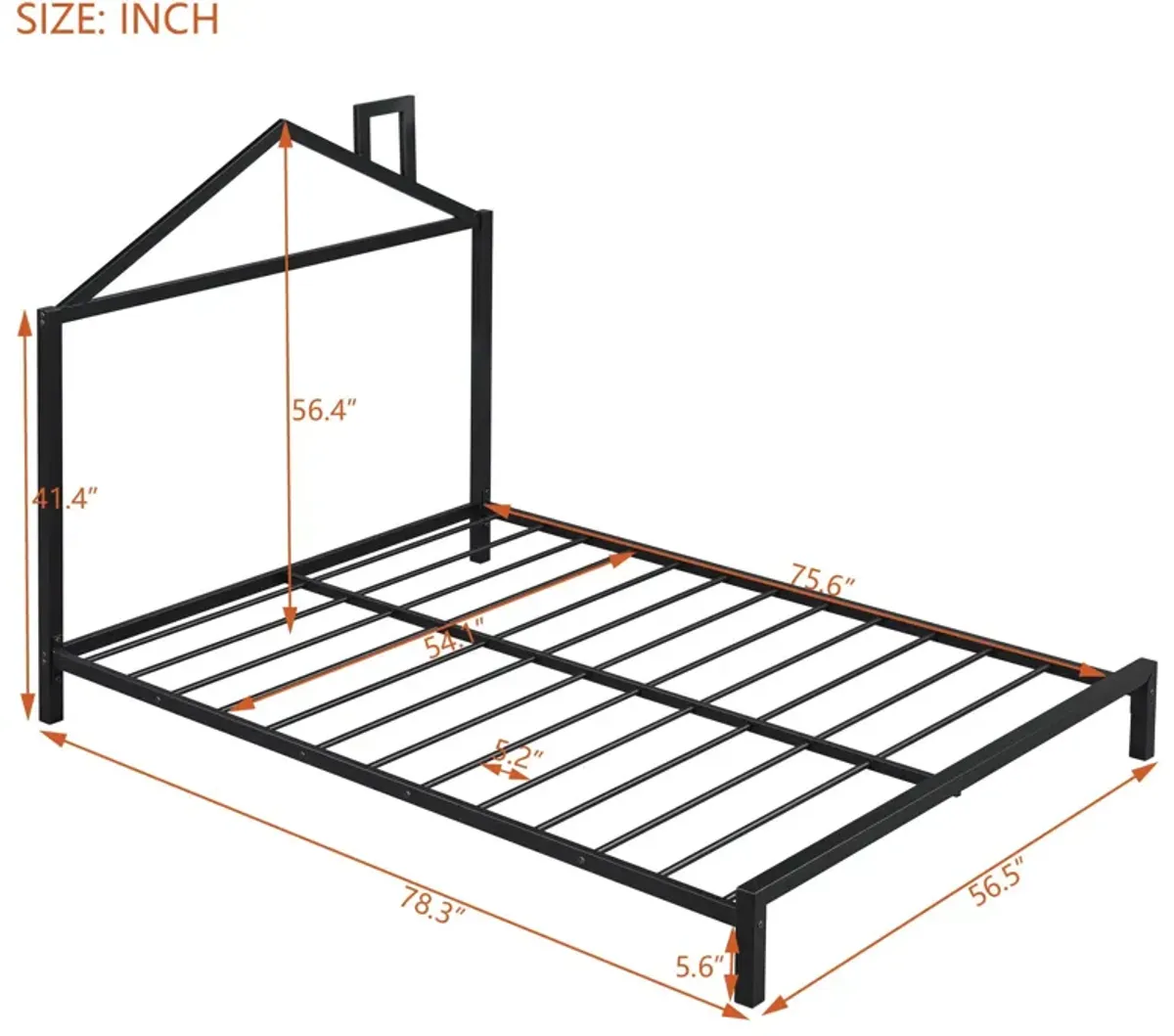 Full Size Metal Platform Bed With House-Shaped Headboard Design