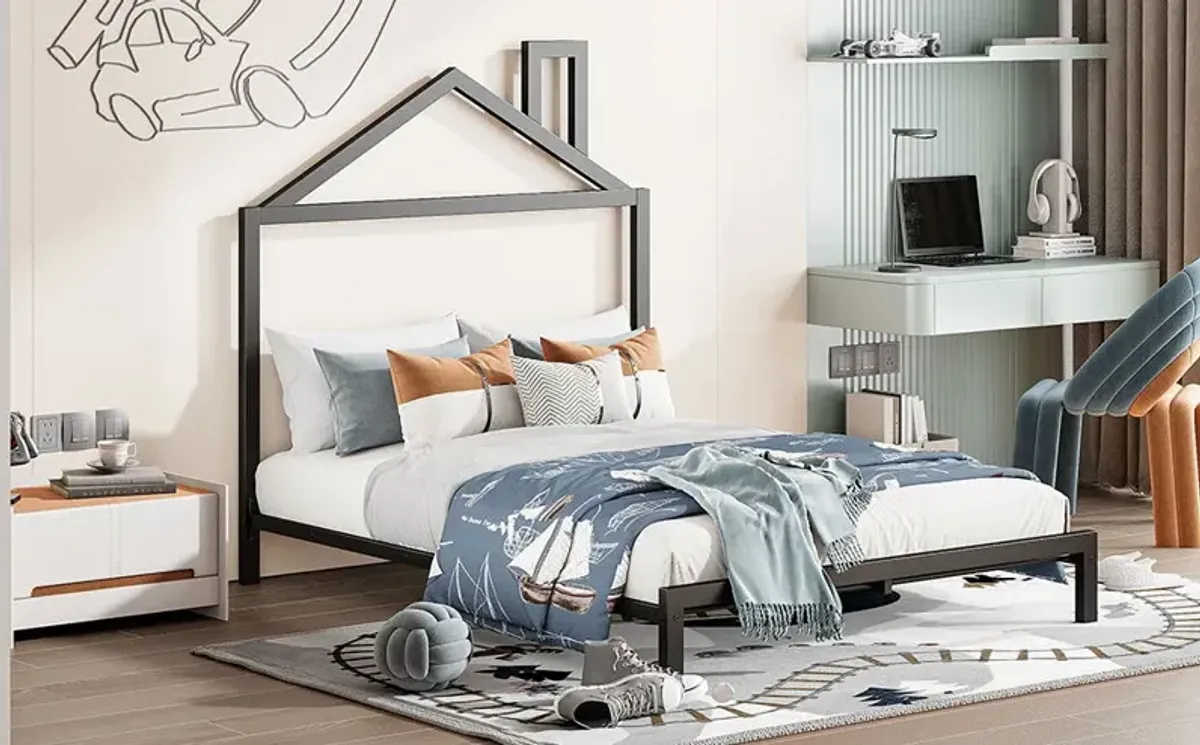 Full Size Metal Platform Bed With House-Shaped Headboard Design