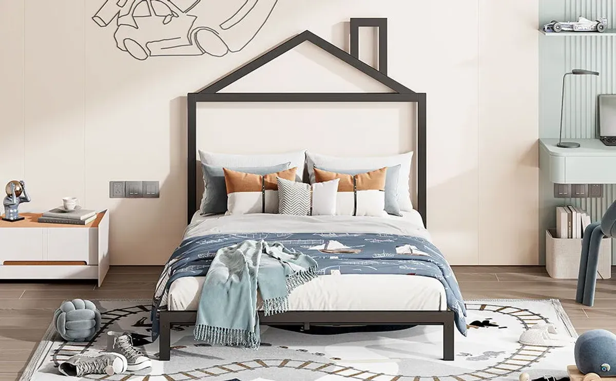 Full Size Metal Platform Bed With House-Shaped Headboard Design