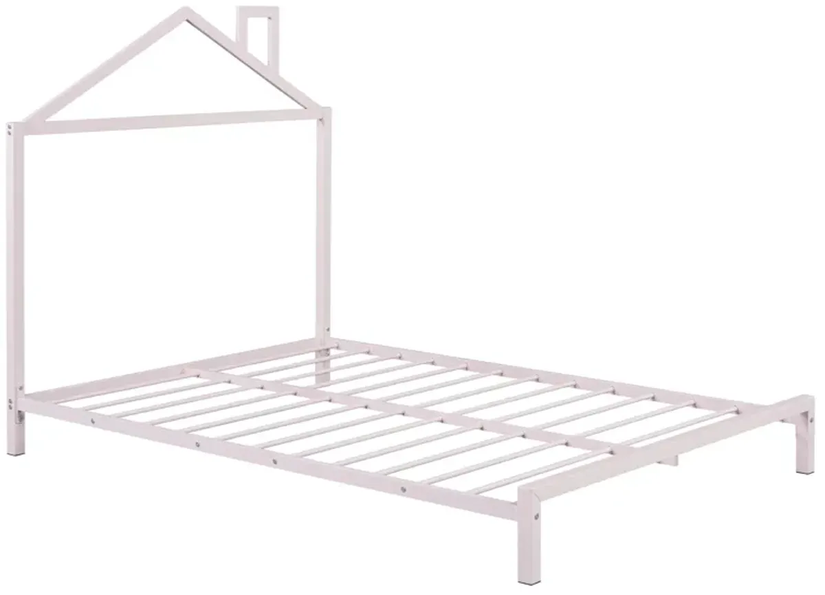 Full Size Metal Platform Bed With House-Shaped Headboard Design