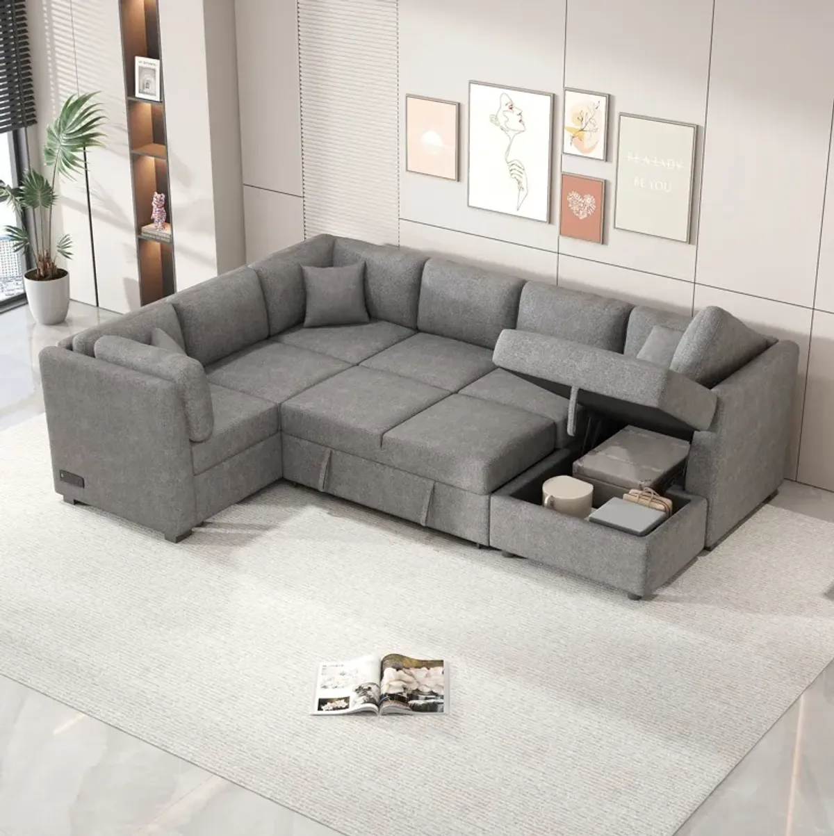 U-Shaped Sectional Sofa Pull Out Sofa Bed With Two USB Ports, Two Power Sockets, Three Back Pillows And A Storage Chaise For Living Room