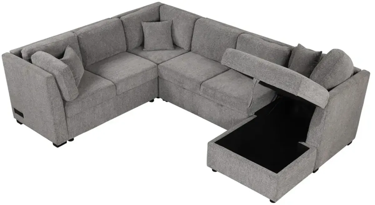 U-Shaped Sectional Sofa Pull Out Sofa Bed With Two USB Ports, Two Power Sockets, Three Back Pillows And A Storage Chaise For Living Room