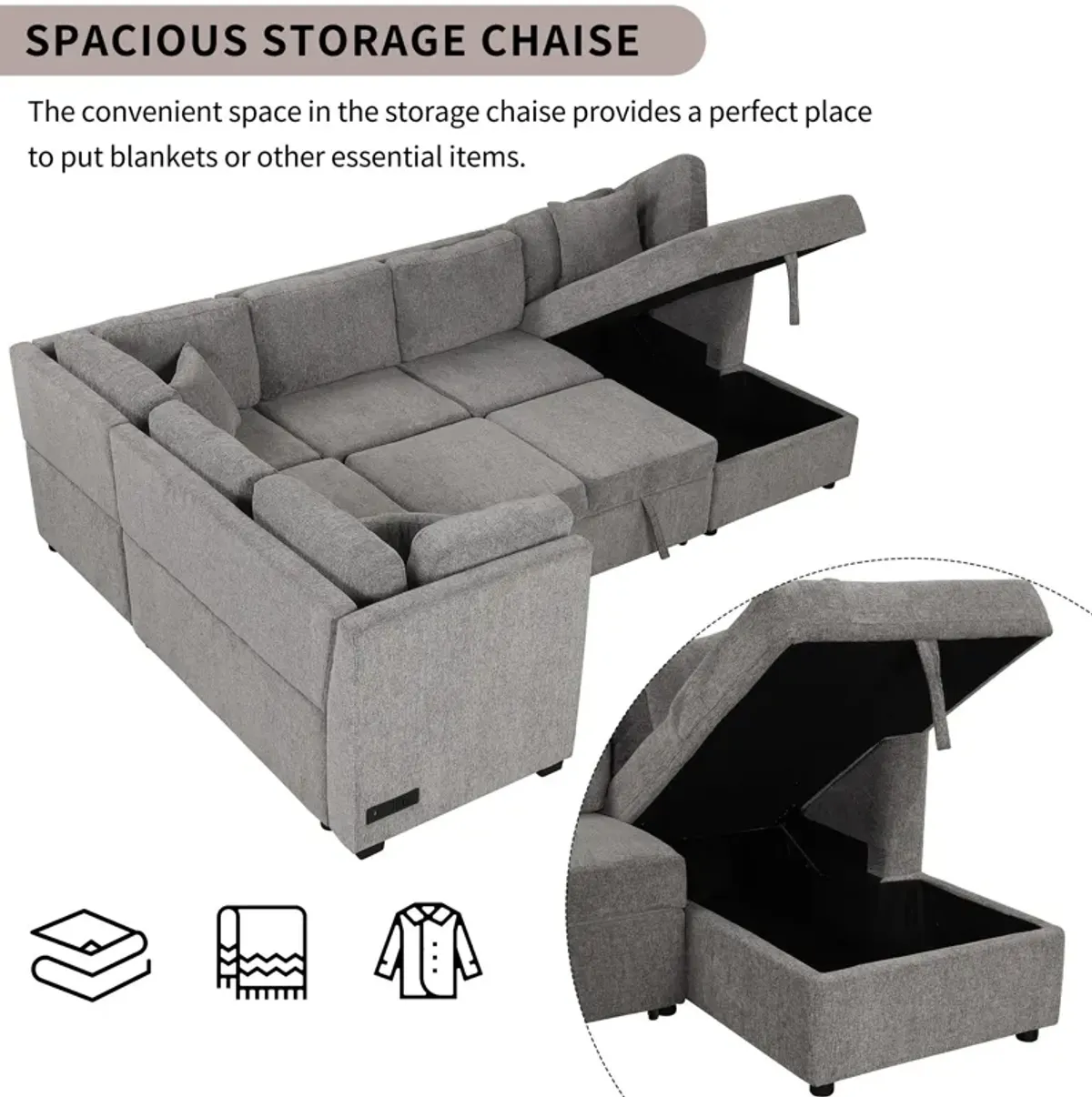 U-Shaped Sectional Sofa Pull Out Sofa Bed With Two USB Ports, Two Power Sockets, Three Back Pillows And A Storage Chaise For Living Room