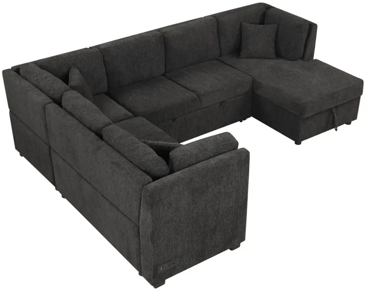 U-Shaped Sectional Sofa Pull Out Sofa Bed With Two USB Ports, Two Power Sockets, Three Back Pillows And A Storage Chaise For Living Room