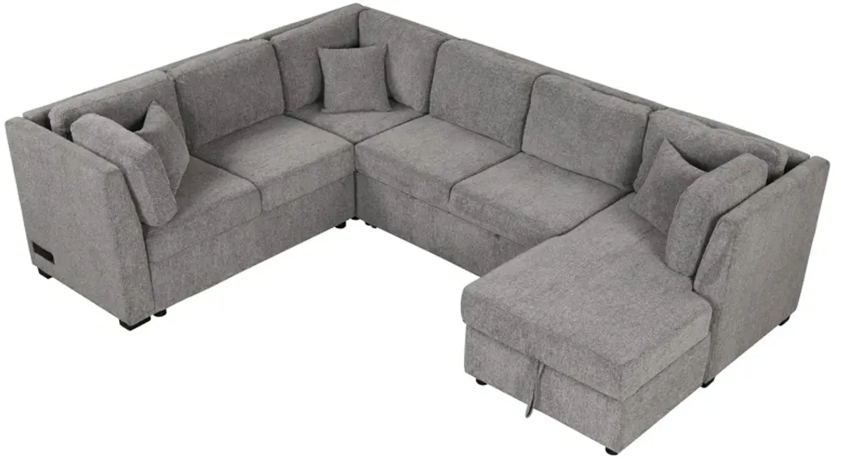 U-Shaped Sectional Sofa Pull Out Sofa Bed With Two USB Ports, Two Power Sockets, Three Back Pillows And A Storage Chaise For Living Room