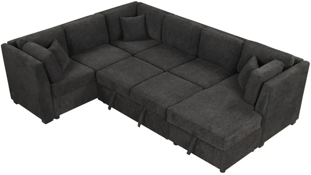 U-Shaped Sectional Sofa Pull Out Sofa Bed With Two USB Ports, Two Power Sockets, Three Back Pillows And A Storage Chaise For Living Room