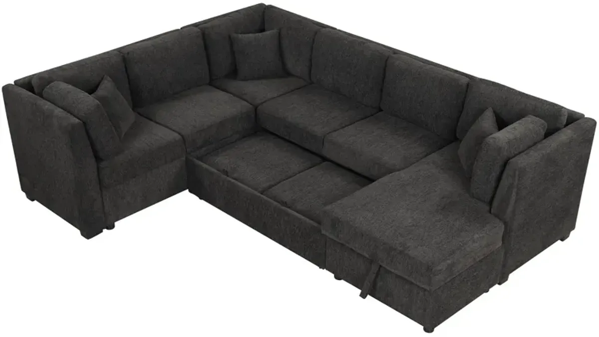 U-Shaped Sectional Sofa Pull Out Sofa Bed With Two USB Ports, Two Power Sockets, Three Back Pillows And A Storage Chaise For Living Room