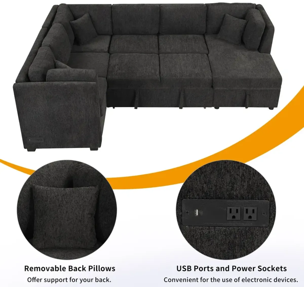 U-Shaped Sectional Sofa Pull Out Sofa Bed With Two USB Ports, Two Power Sockets, Three Back Pillows And A Storage Chaise For Living Room