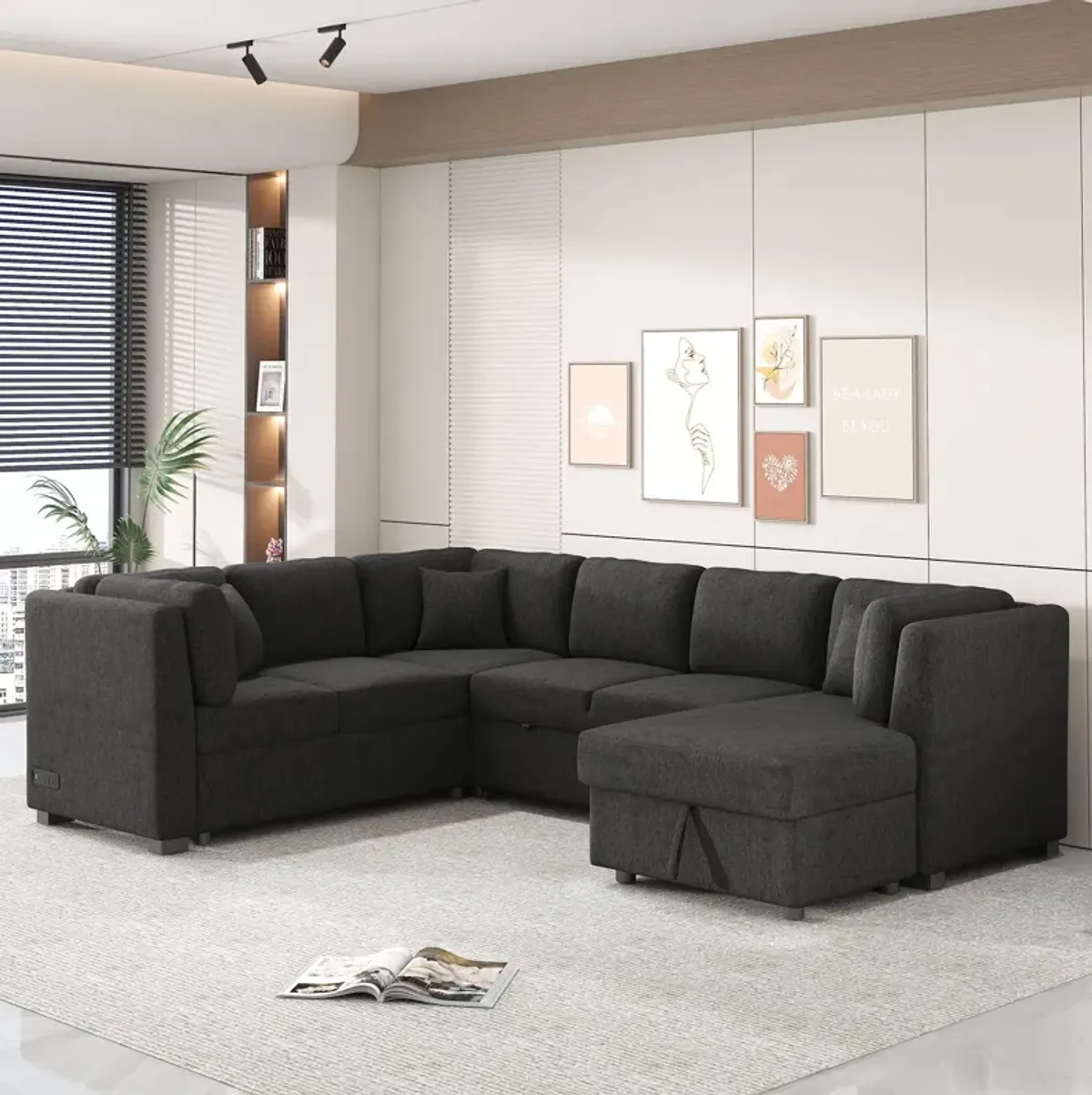 U-Shaped Sectional Sofa Pull Out Sofa Bed With Two USB Ports, Two Power Sockets, Three Back Pillows And A Storage Chaise For Living Room