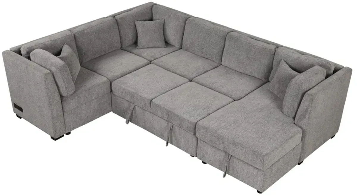 U-Shaped Sectional Sofa Pull Out Sofa Bed With Two USB Ports, Two Power Sockets, Three Back Pillows And A Storage Chaise For Living Room