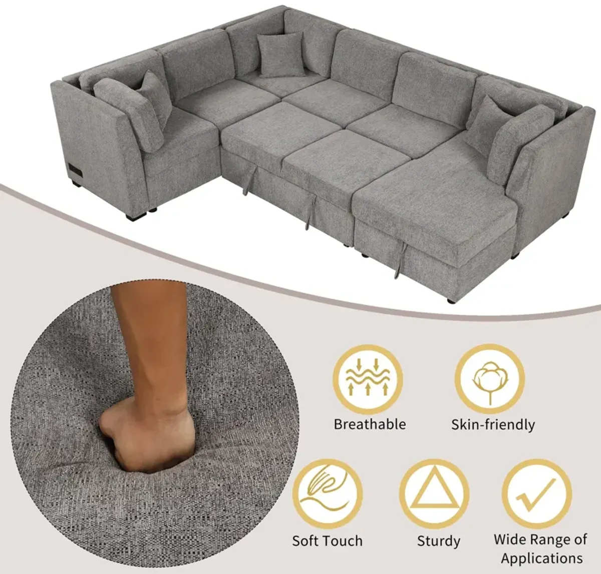 U-Shaped Sectional Sofa Pull Out Sofa Bed With Two USB Ports, Two Power Sockets, Three Back Pillows And A Storage Chaise For Living Room