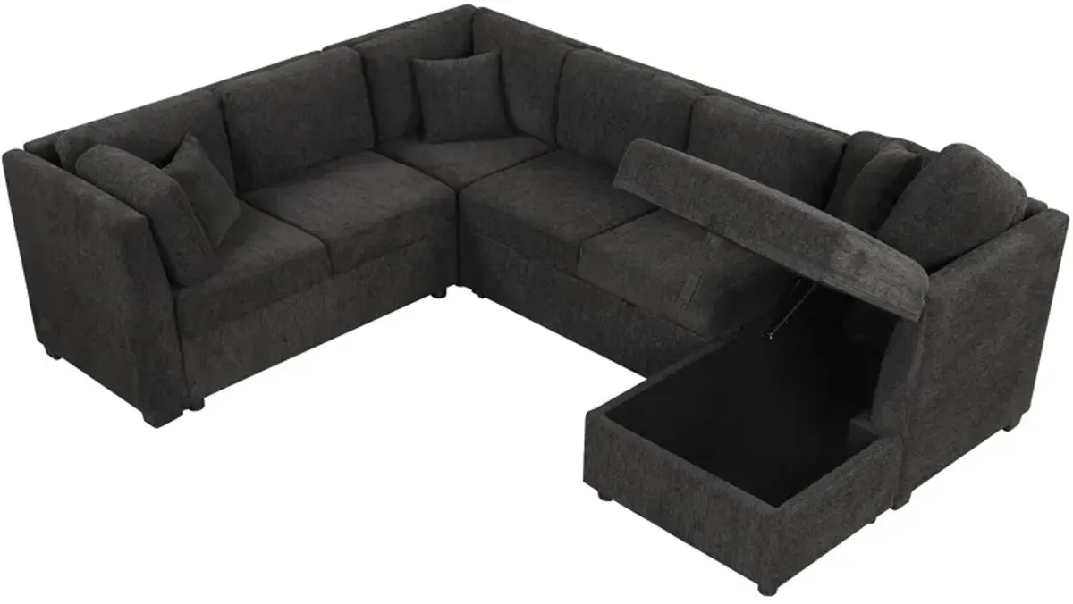 U-Shaped Sectional Sofa Pull Out Sofa Bed With Two USB Ports, Two Power Sockets, Three Back Pillows And A Storage Chaise For Living Room