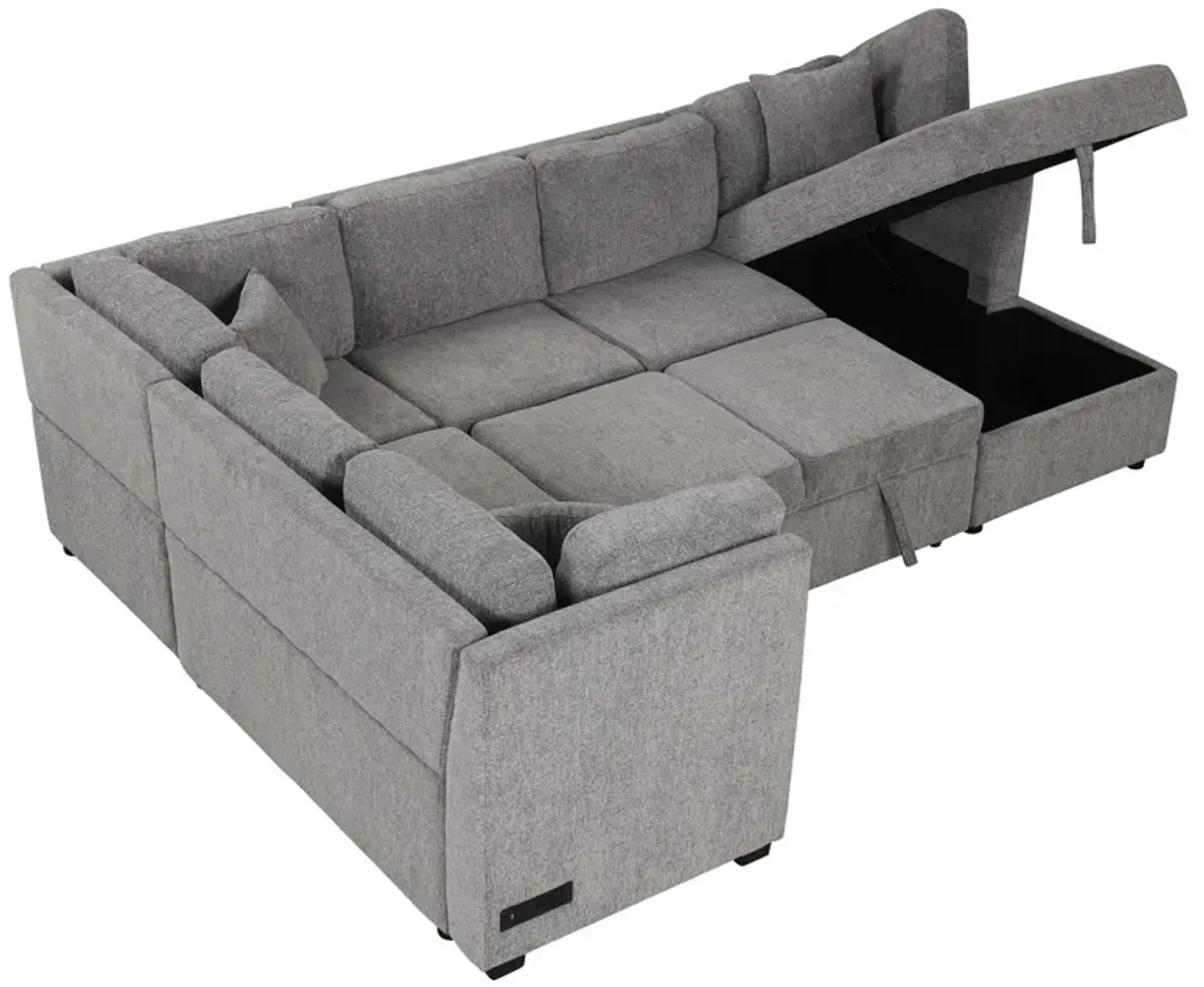 U-Shaped Sectional Sofa Pull Out Sofa Bed With Two USB Ports, Two Power Sockets, Three Back Pillows And A Storage Chaise For Living Room