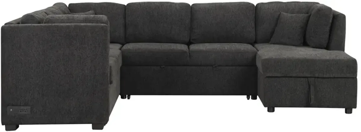 U-Shaped Sectional Sofa Pull Out Sofa Bed With Two USB Ports, Two Power Sockets, Three Back Pillows And A Storage Chaise For Living Room