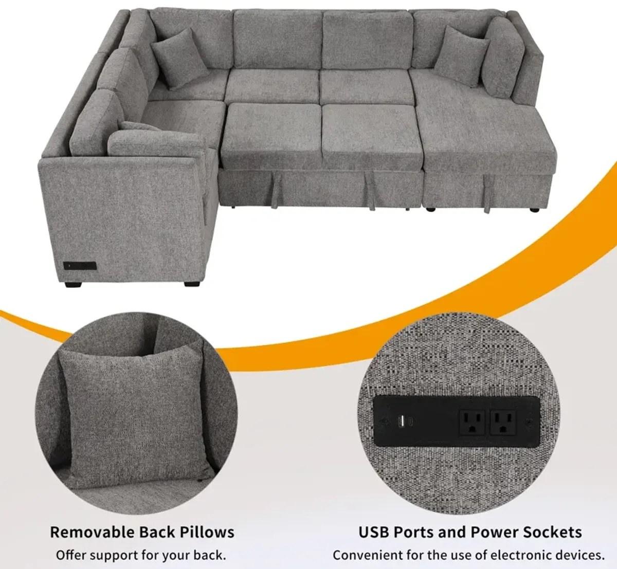 U-Shaped Sectional Sofa Pull Out Sofa Bed With Two USB Ports, Two Power Sockets, Three Back Pillows And A Storage Chaise For Living Room