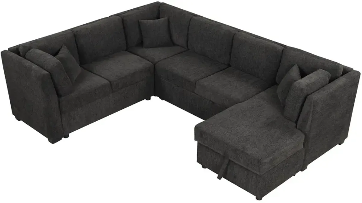 U-Shaped Sectional Sofa Pull Out Sofa Bed With Two USB Ports, Two Power Sockets, Three Back Pillows And A Storage Chaise For Living Room