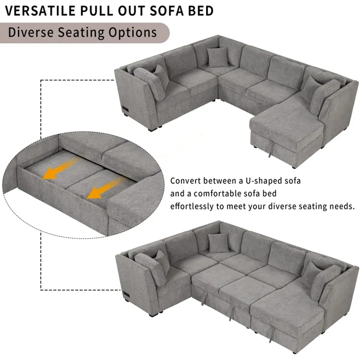 U-Shaped Sectional Sofa Pull Out Sofa Bed With Two USB Ports, Two Power Sockets, Three Back Pillows And A Storage Chaise For Living Room