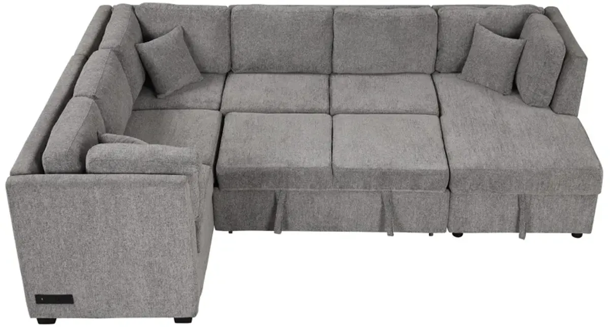 U-Shaped Sectional Sofa Pull Out Sofa Bed With Two USB Ports, Two Power Sockets, Three Back Pillows And A Storage Chaise For Living Room