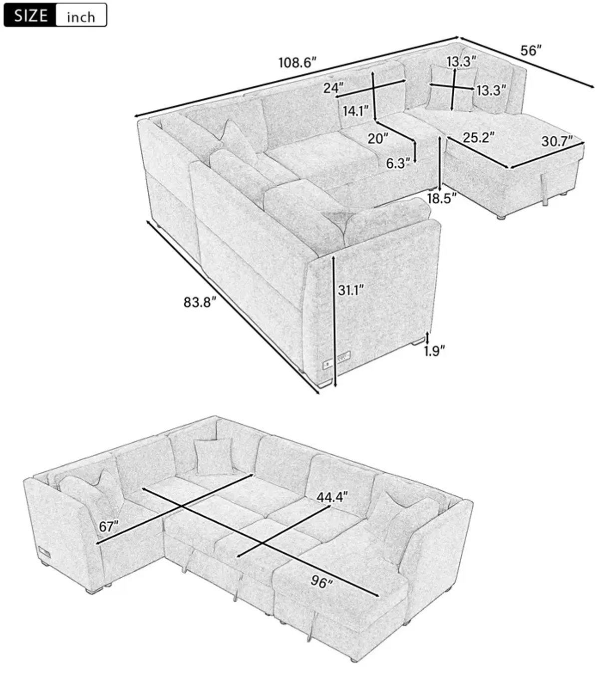 U-Shaped Sectional Sofa Pull Out Sofa Bed With Two USB Ports, Two Power Sockets, Three Back Pillows And A Storage Chaise For Living Room