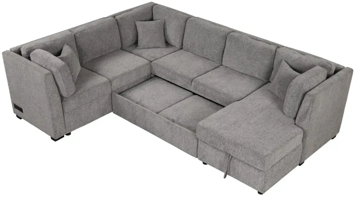 U-Shaped Sectional Sofa Pull Out Sofa Bed With Two USB Ports, Two Power Sockets, Three Back Pillows And A Storage Chaise For Living Room