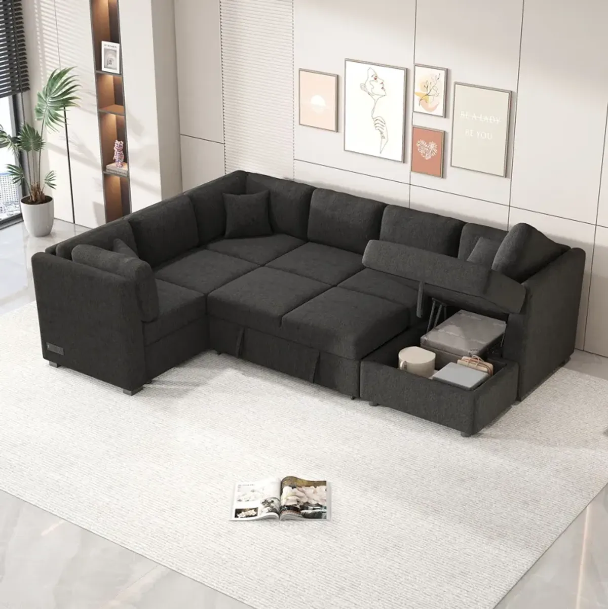 U-Shaped Sectional Sofa Pull Out Sofa Bed With Two USB Ports, Two Power Sockets, Three Back Pillows And A Storage Chaise For Living Room