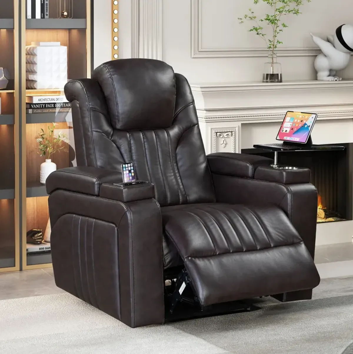 Power Recliner Home Theater Recliner With Power Adjustable Headrest, Wireless Charging Device, USB Port, Storage Arms, Cup Holder And Swivel Tray Table For Living Room