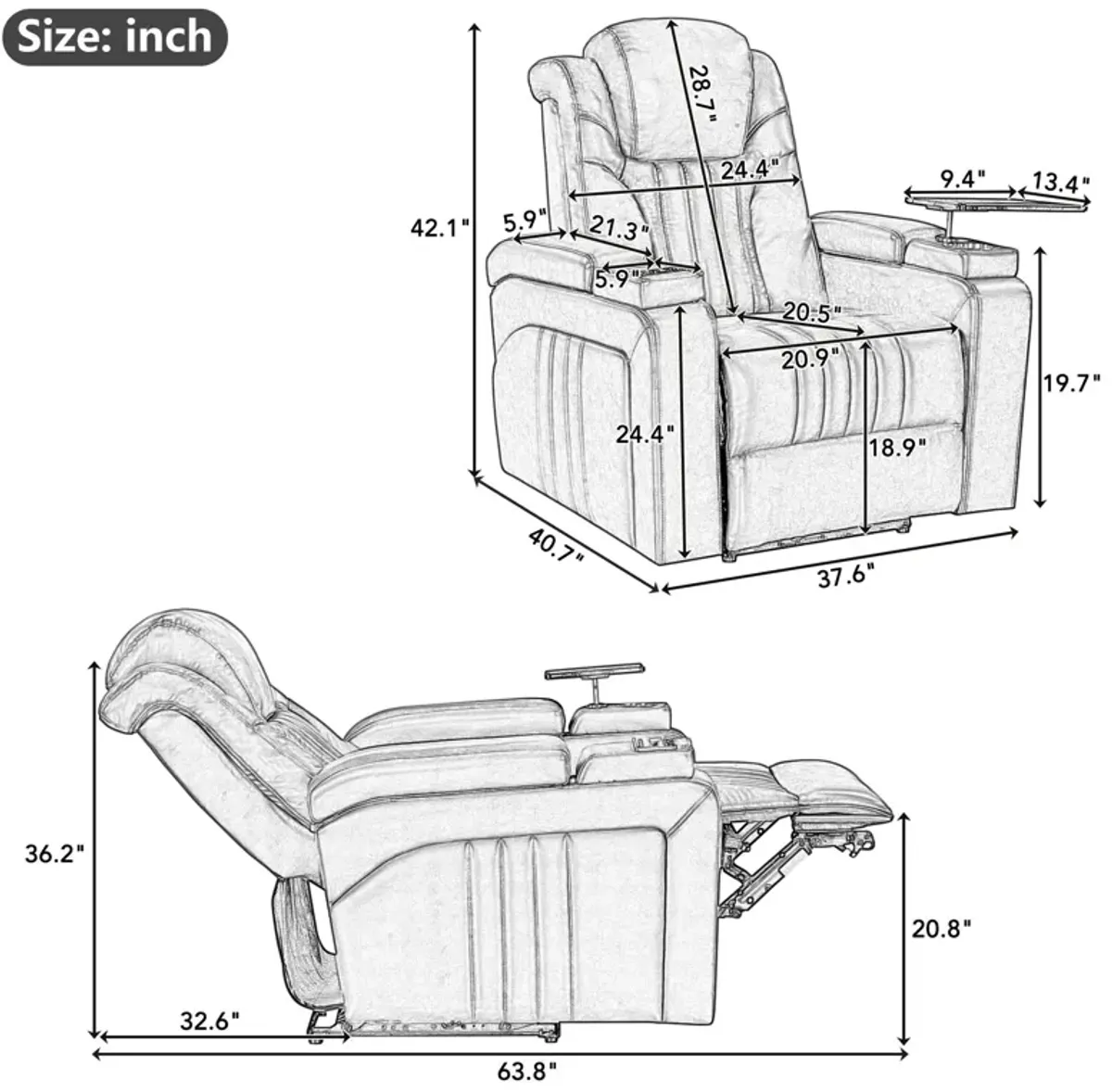 Power Recliner Home Theater Recliner With Power Adjustable Headrest, Wireless Charging Device, USB Port, Storage Arms, Cup Holder And Swivel Tray Table For Living Room