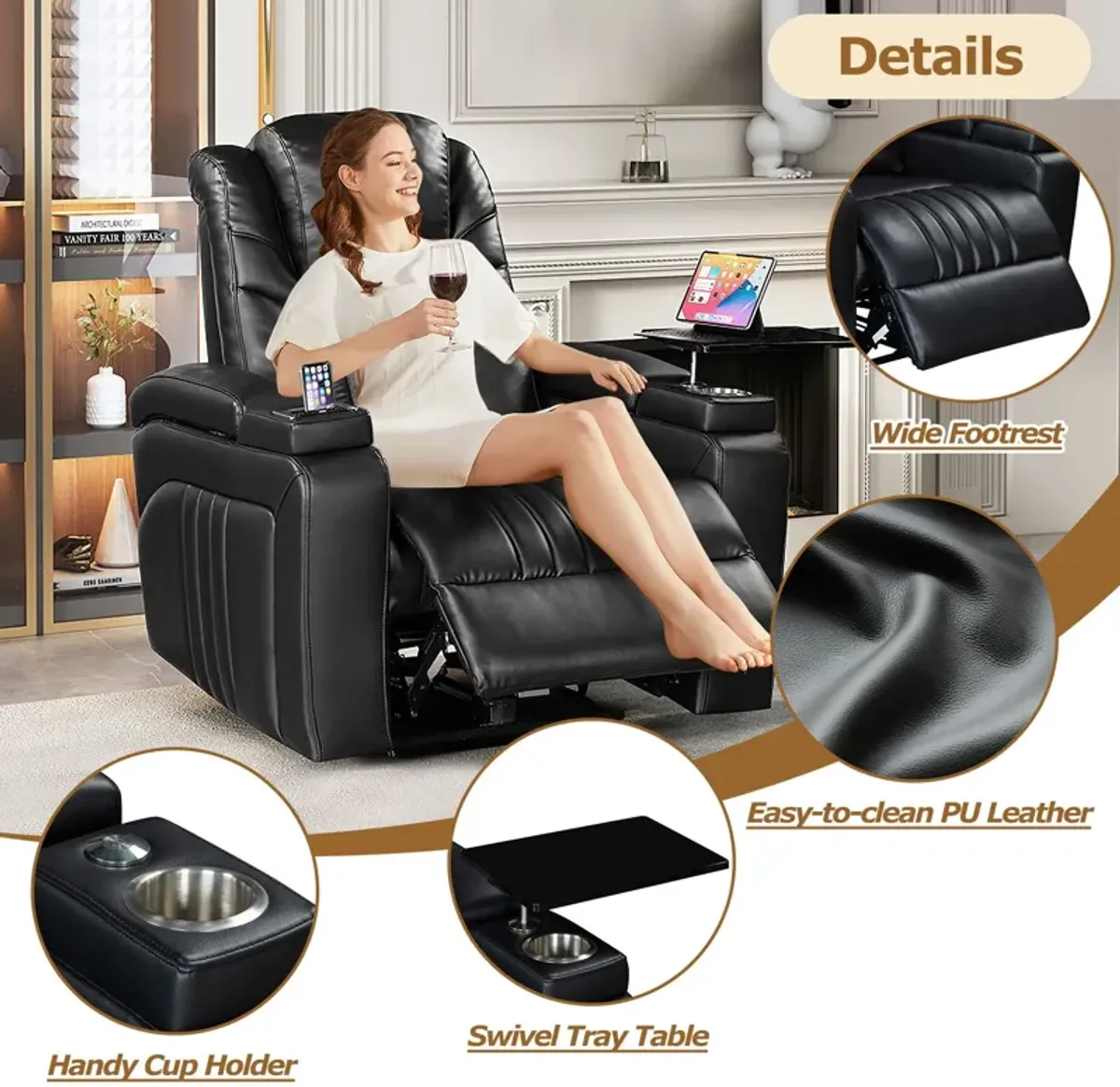 Power Recliner Home Theater Recliner With Power Adjustable Headrest, Wireless Charging Device, USB Port, Storage Arms, Cup Holder And Swivel Tray Table For Living Room