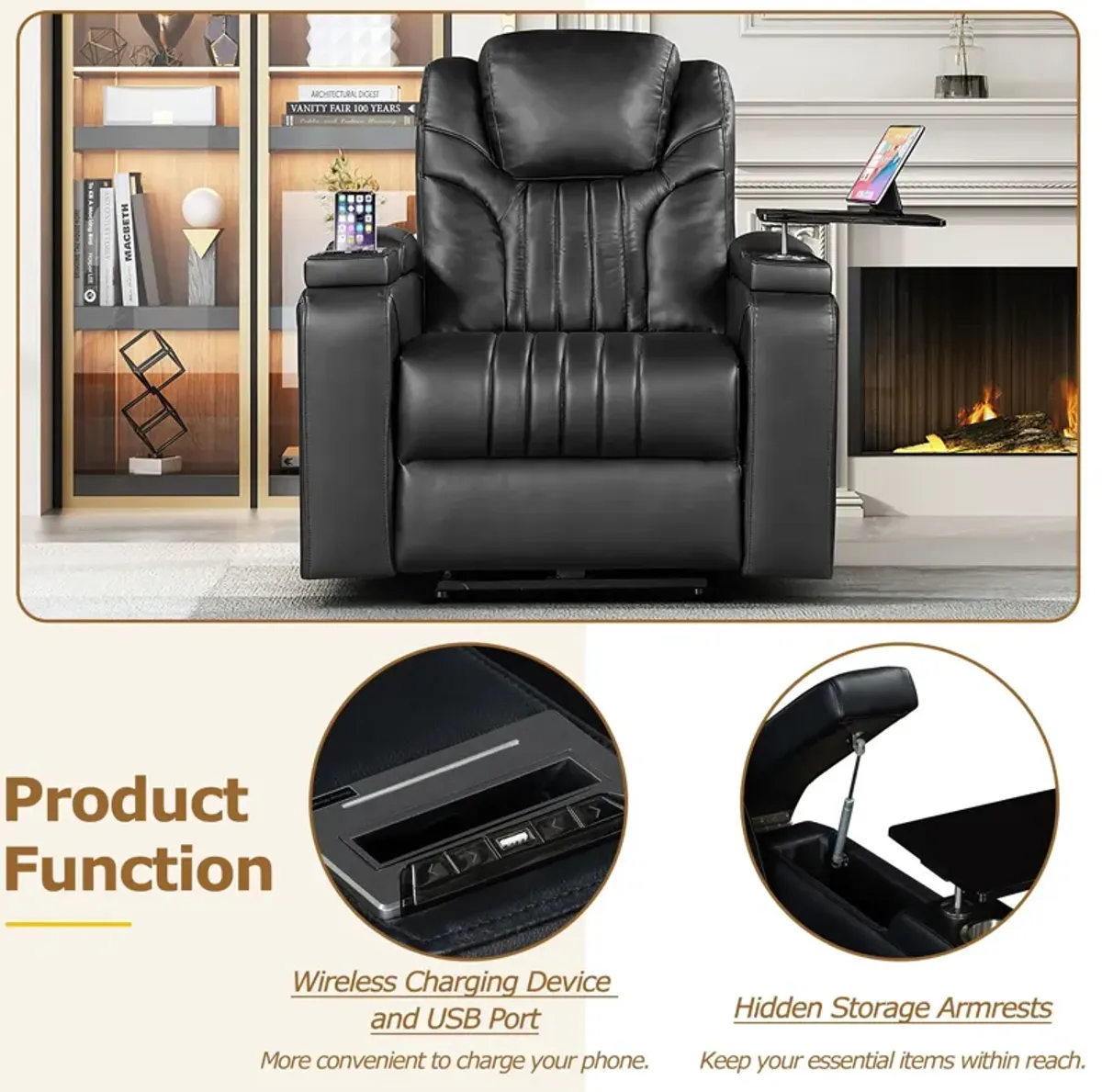 Power Recliner Home Theater Recliner With Power Adjustable Headrest, Wireless Charging Device, USB Port, Storage Arms, Cup Holder And Swivel Tray Table For Living Room