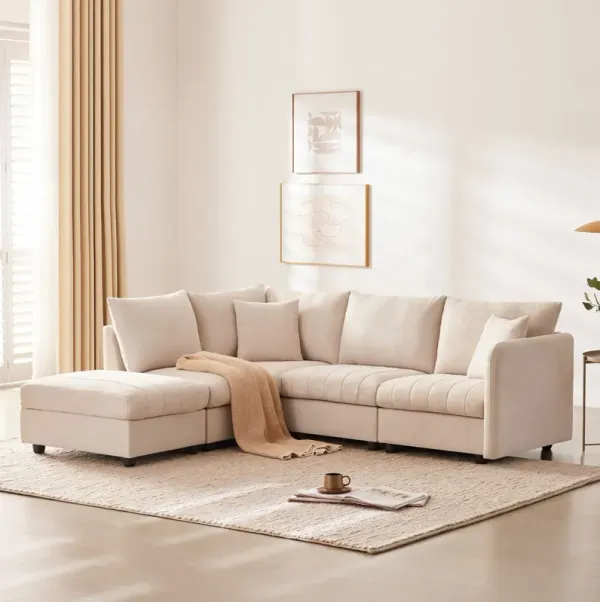 Modern Sectional Sofa With Vertical Stripes, 2 Pillows, 5 Seat Couch With Convertible Ottoman, Various Combinations, L-Shape Indoor Furniture For Living Room