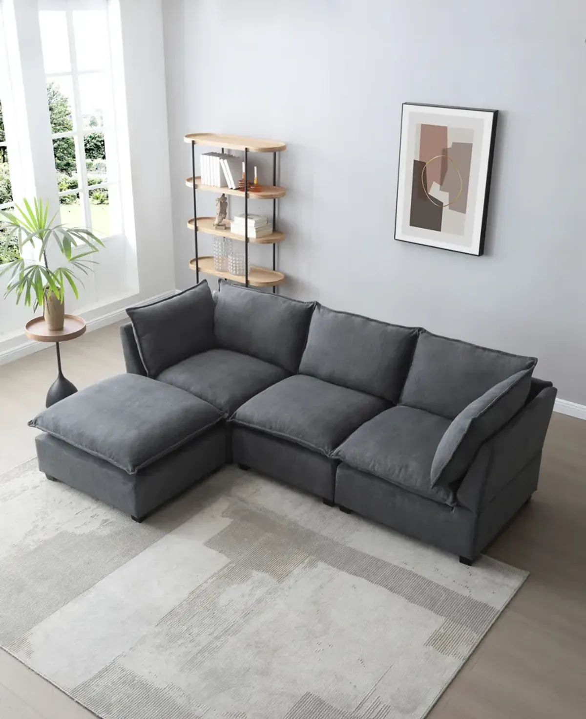 Modern Sectional L-Shape Sofa With Convertible Ottoman For Living Room