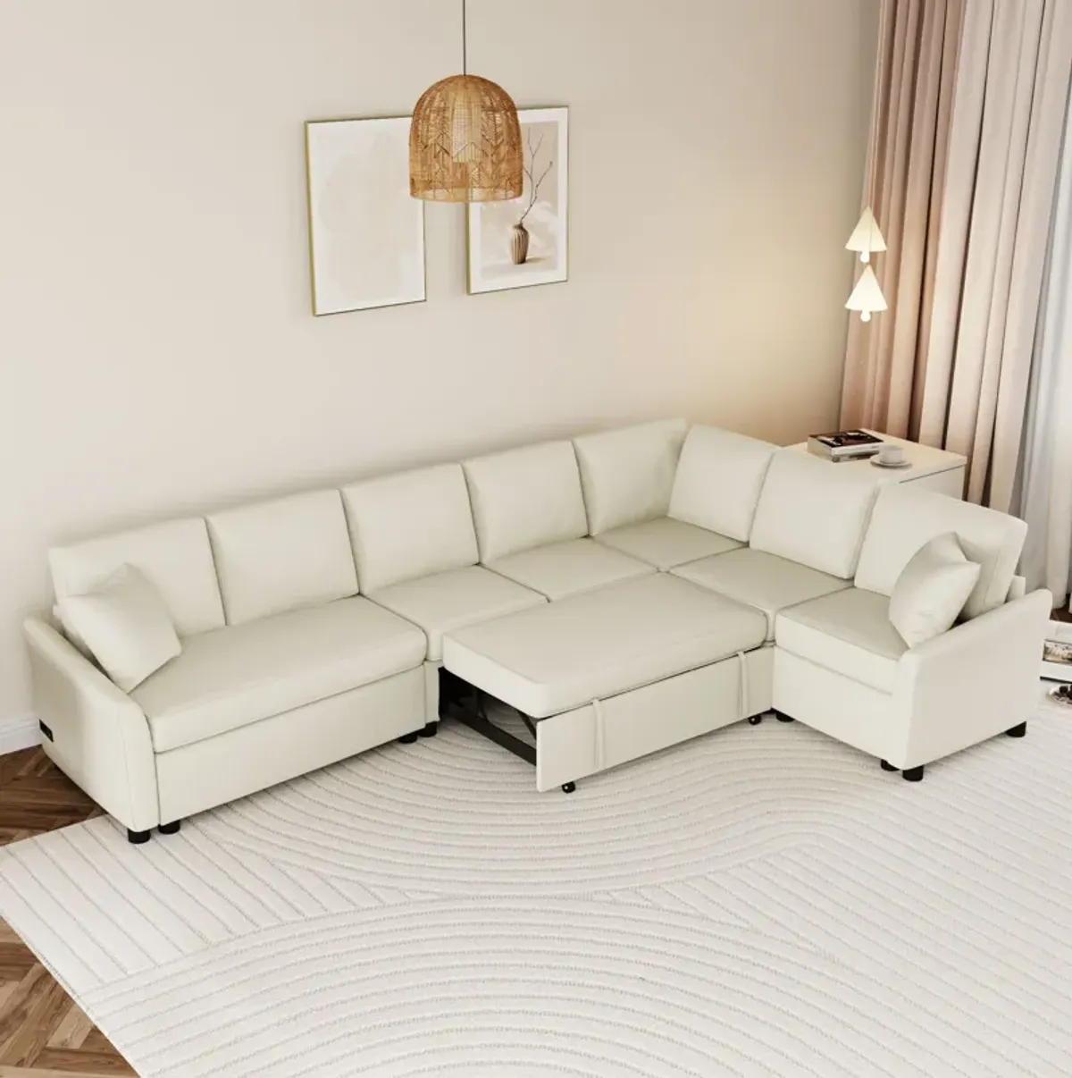 L-Shaped Sofa Convertible Sofa Bed Pull Out Sofa Sleeper With Two Back Pillows, Two USB Ports And Two Power Sockets For Living Room