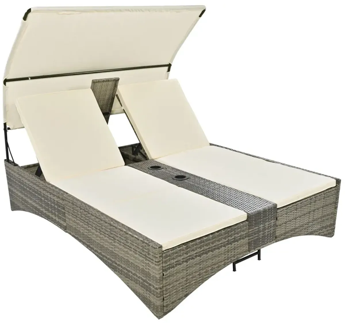 Patio Daybed Outdoor Daybed Sun Lounger With Shelter Roof With Adjustable Backrest, Storage Box And 2 Cup Holders For Patio, Balcony, Poolside