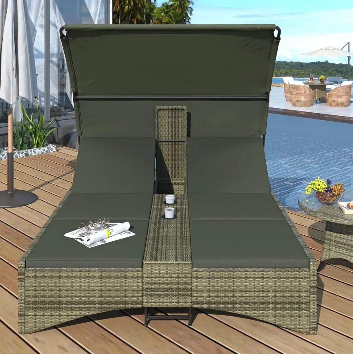 Patio Daybed Outdoor Daybed Sun Lounger With Shelter Roof With Adjustable Backrest, Storage Box And 2 Cup Holders For Patio, Balcony, Poolside