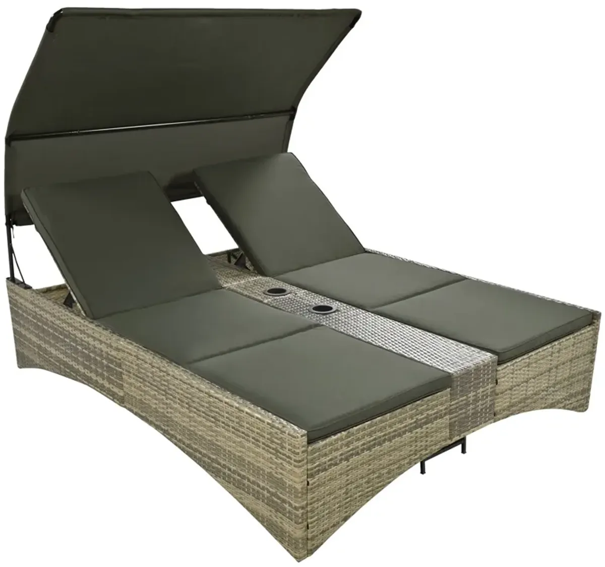 Patio Daybed Outdoor Daybed Sun Lounger With Shelter Roof With Adjustable Backrest, Storage Box And 2 Cup Holders For Patio, Balcony, Poolside