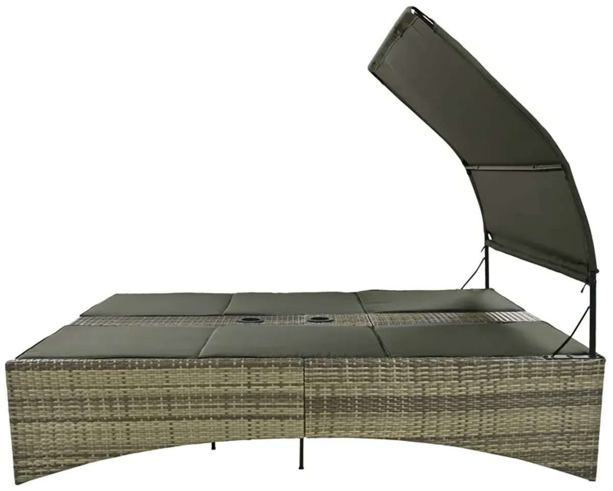 Patio Daybed Outdoor Daybed Sun Lounger With Shelter Roof With Adjustable Backrest, Storage Box And 2 Cup Holders For Patio, Balcony, Poolside