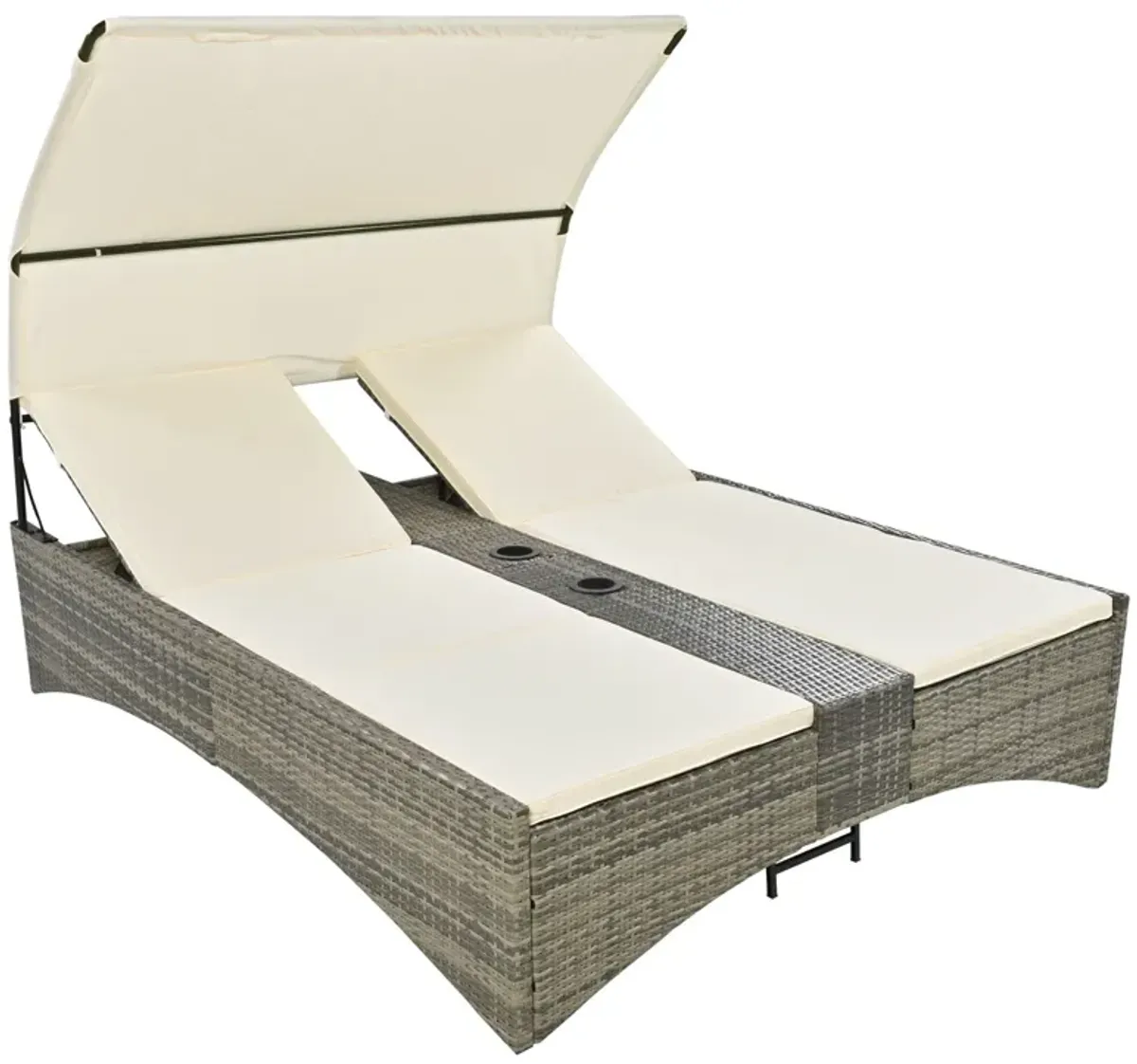 Patio Daybed Outdoor Daybed Sun Lounger With Shelter Roof With Adjustable Backrest, Storage Box And 2 Cup Holders For Patio, Balcony, Poolside